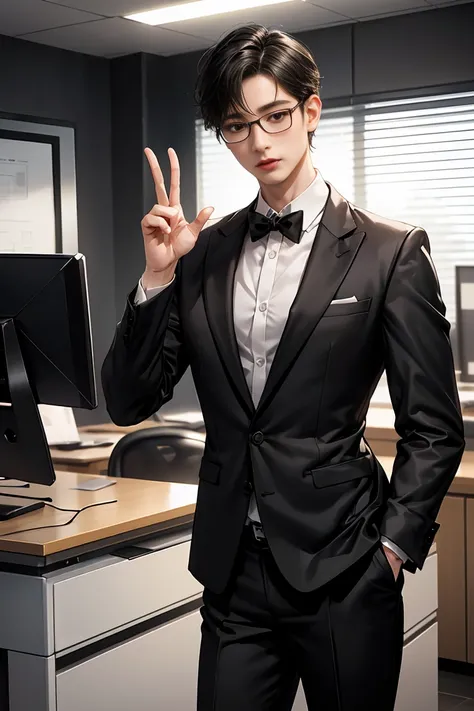 masterpiece、 super delicate 、 semi-reality 、male、Youth、Middle age、35歳くらいの魅力的なmale性、Short black hair、 very beautiful、 all back。 slender、Attractive brown eyes、Glasses、Harsh face 、 in a suit、A dreary office 