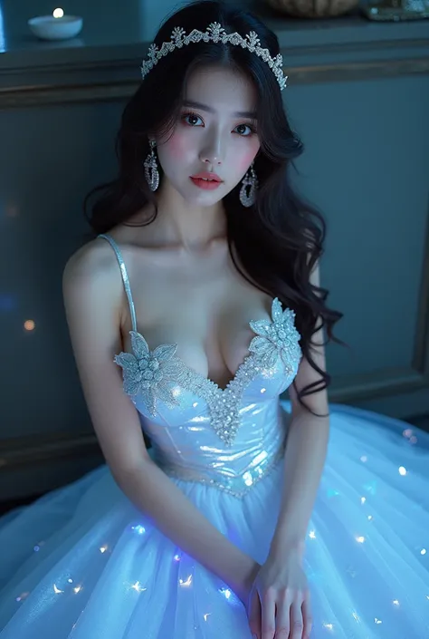 (Korean girl:1.2) (bold make-up) (sexy body), (lgigantic , sexy body, deep (High quality) HD, , gigantic , round , deep cleavage, open cleavage, hanging , (seductive face) iridescent gown with a celestial theme. Her makeup is glittery, and she wears silver...