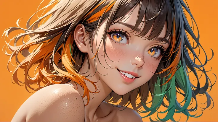 ((masterpiece)), (( top quality )), ( beautiful girl naked),  perfectly detailed eyes , 完璧に詳細な顔,  super detailed nose, 開いた口,  random color shorts, Perfect Teeth, Bare shoulders, Charming, perfect face, dimples on cheeks ,  depth of writing,  high res, (( r...