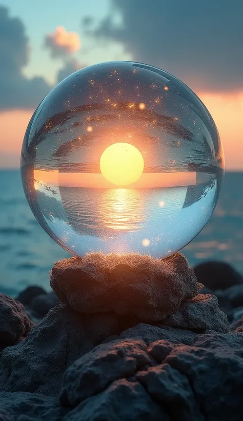 fantastic images、There is a large crystal ball in the center, and the first sunrise at the seaside is shown in it。Looks like good luck、Healing images。