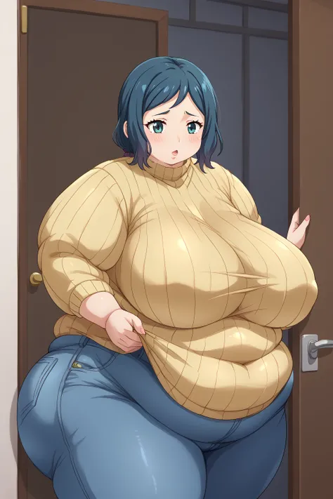  Iori Rinko, Rinko Iori,　 yellow sweater, Navy blue jeans ,Obese middle-aged woman, troubled expression, embarrassing expression ,milf, chubby,living, score_9,  score_8_ up、 score_7_ up、 score_6_ up、 score_5_ up、 score_4_ up、 masterpieces at the front door...