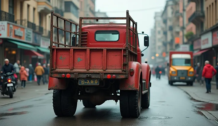 Backside of a red rusty truck( a big cage at back )  moving on busy road in city ( truck far image at distant)