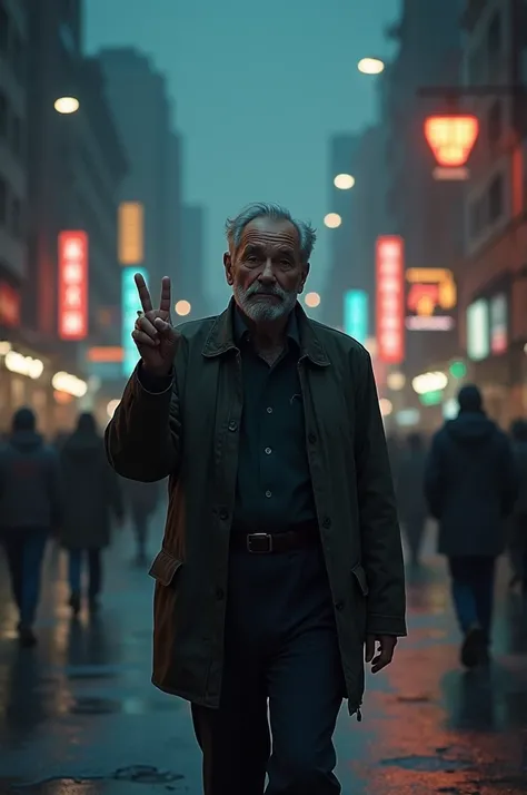  Old Man, walking in the city, give a hand reaction PEACE, night atmosphere,