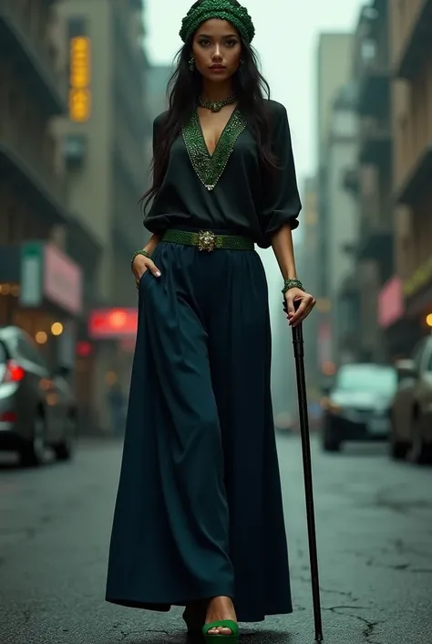 A fair skin, dark haired latin woman with green lace head bandana, black shirt adorned with deep green beads, navy blue plazzo trousers , green platform heels, black cane in dark city