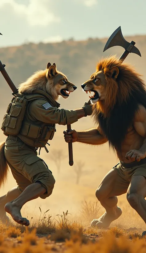 "A wolf and a lion, both wearing army fatigues and holding axes, clash in a fierce battle in the savannah."