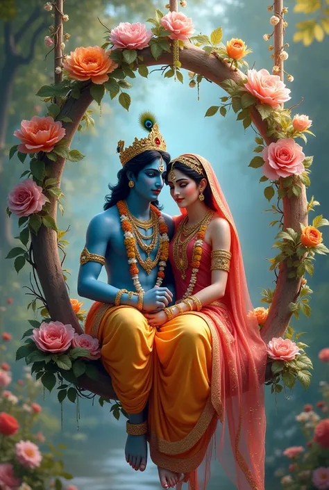 Lord Krishna seating in a swing made up of flower with radha