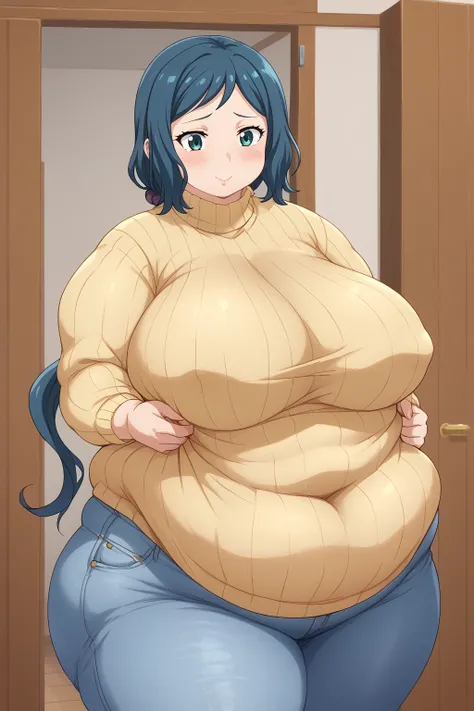  Iori Rinko, Rinko Iori,　 yellow sweater, Navy blue jeans ,Obese middle-aged woman, troubled expression, embarrassing expression ,milf, chubby,living, score_9,  score_8_ up、 score_7_ up、 score_6_ up、 score_5_ up、 score_4_ up、 masterpieces at the front door...