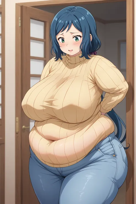  Iori Rinko, Rinko Iori,　 yellow sweater, Navy blue jeans ,Obese middle-aged woman, troubled expression, embarrassing expression ,milf, chubby,living, score_9,  score_8_ up、 score_7_ up、 score_6_ up、 score_5_ up、 score_4_ up、 masterpieces at the front door...