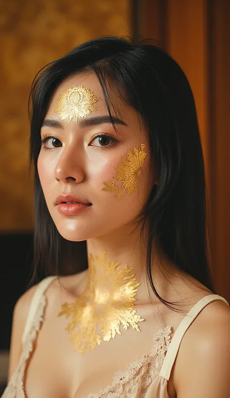 A stunningly beautiful woman with gold, white, and black skin adorned with intricate embossed Thai patterns. The textures of the patterns rise subtly from her skin, creating a tactile, three-dimensional effect. Her upper body is framed in a medium shot und...