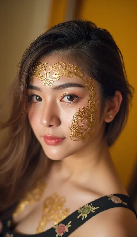 A stunningly beautiful woman with gold, white, and black skin adorned with intricate embossed Thai patterns. The textures of the patterns rise subtly from her skin, creating a tactile, three-dimensional effect. Her upper body is framed in a medium shot und...