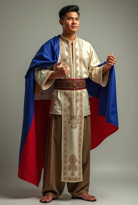 Create an image of a Handsome Filipino guy wearing the traditional Filiipino attire and the Philippine flag