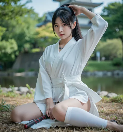 (((female ninja)))、(((Kunoichi)))、((White shinobi kimono))、Beautiful legs、tattoo、Ninja Weapon 、Japanese style background、beautiful natural background Japanese castle、 with hair tied together、 black hair、 sexy、20 years old、woman、 cute、super detailed,((( rea...