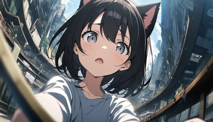 anime girl with black hair ,best ,Cat ears, black hair, wavy short hair, gray eyes,	in a panoramic view