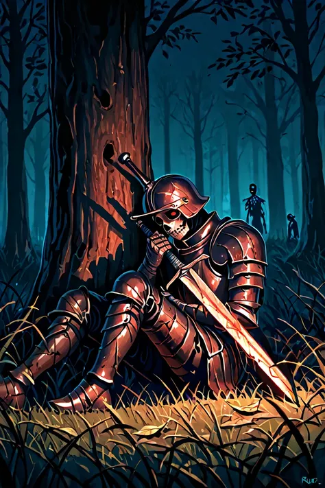 Undead,damaged armor, very sad, sit on the ground, in the dark forrest, look at the moon, red eye, blue vibe, night, Rusted sword, semi skeleton, rotten, zombie like. Wearing helmet, rusted mask, many leaf, tree, grass calm and sad vibe, medieval full armo...