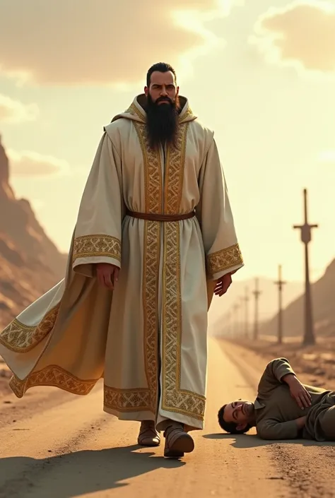 A priest, wearing long, ornate robes in white and gold, walking on the same road. He notices the injured man but turns away, his expression stern and detached, 3d animation, disney pixar