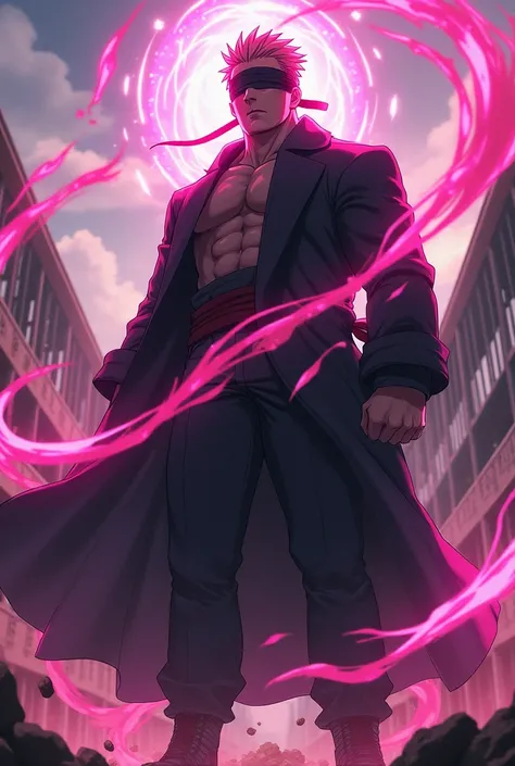 gojo satoru from the jujutsu kaisen universe, blindfolded with black cloth, powerful, imposing, pink swirling energy around his body, high school compound, photorealistic