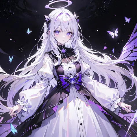 A white haired girl in a purple butterfly patterned dress stands looking towards a black hole in the middle of the Milky Way, black hole halo, majestic, black hole rim, surrounding galaxy color, deep purple black hole, many purple lightning streaks around ...