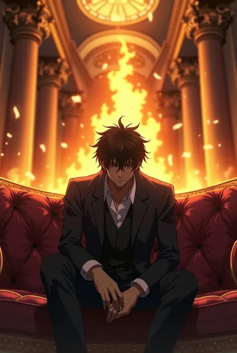 A male anime character sitting on a luxurious sofa, appearing utterly broken and sad. He feels extremely poor despite being immensely wealthy. His head is lowered in despair, portraying a deep sense of loneliness and loss. In the background, his grand mans...