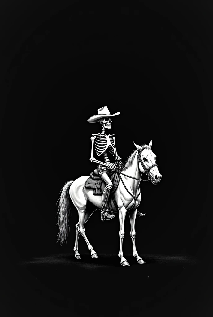 an all black threshold drawing of a skeleton cowboy riding his wayward horse, wearing a hat and holding a revolver