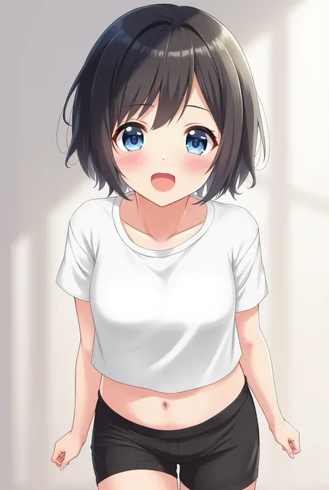 Anime , 
最high quality, masterpiece, Very detailed, high quality, High resolution, One girl, Young girl, Black,Short Hair, blue eyes, beautiful, cute, inocent, beautiful and perfect face, smile, Open your mouth, View your viewers, (white shirt, black short...