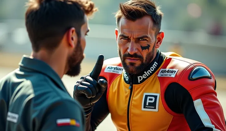  creating a realistic portrait of a man in gloves wearing a big block motorcycle racing suit. aggressive face with a scar on his face .  he stands pointing his finger at another person 