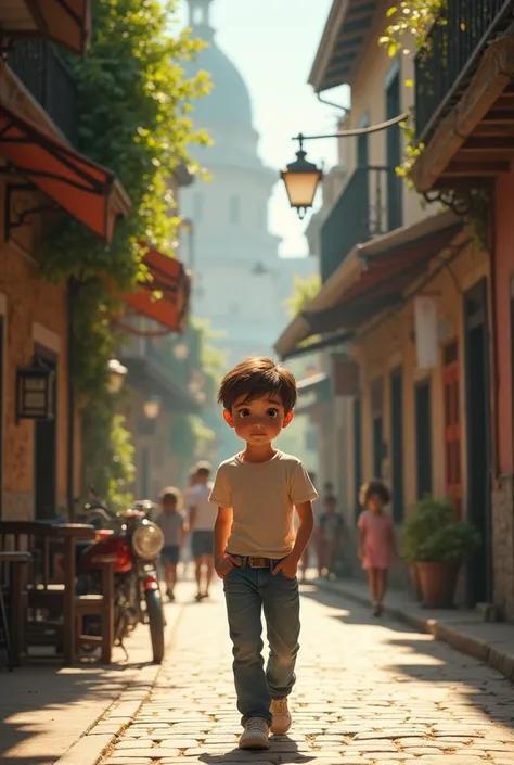 A boy walking along a Street 