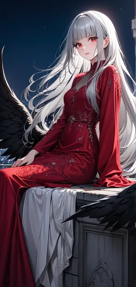 Ultra high resolution, rich colors, perfect image, best quality, detailed image, beautiful woman, glowing skin, texture of skin and clothes, delicate eyes, night, sitting on roof, fallen angel, long dress, scarred body, big black wing, (((silver hair blunt...