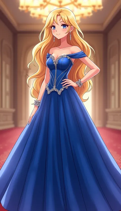 Elegant Ball Gown
"An anime-style blonde woman with long hair styled in loose curls, wearing a shimmering royal blue ball gown adorned with silver accents. She is standing in a grand ballroom with a chandelier above her."