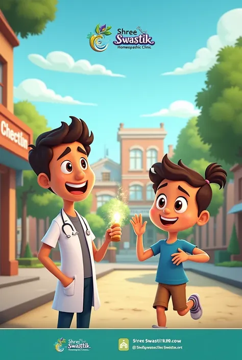 ### Cartoon Short Video Script: Advertisement for Shree Swastik Homeopathic Clinic  

**Title:** *"A Journey to Better Health"*  

---

**Scene 1: Introduction**  
*(Background: A bustling town with animated characters going about their day)*  
- **Visual:...