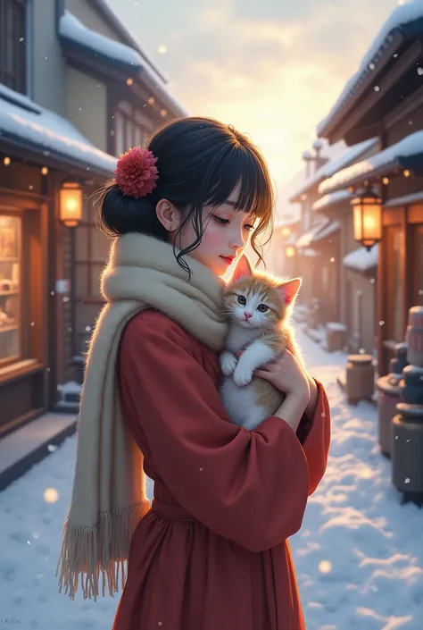 s greatest masterpiece、An old shopping street in Japan、Kyoto、Lovely girl holding a cute kitten、Winter Scenery、 snows、 sunrise、Meiji Period、Retro、