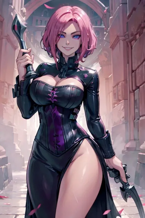 Perfect face. Perfect hands. A pink haired woman with violet eyes and an hourglass figure in a Gothic leather dress is smiling is spinning her scythe in the underworld with a big smile