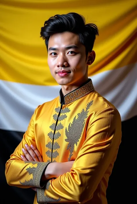 Create an image of a Handsome Brunei 20+ years old Guy wearing the traditional brunei attire behind the Brunei flag