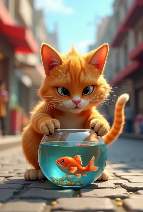 A cat that has been eating her bones without eating steals a fish from a fish bowl on the street, 3d cartoon style 