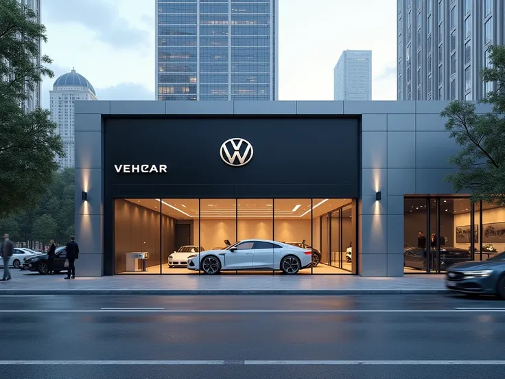 Create a facade mockup to insert a car brand into perspective, realistic large vehicle store.