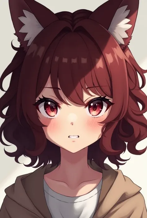 anime girl with curly maroon hair and fox ears, intense eyes, just the face 