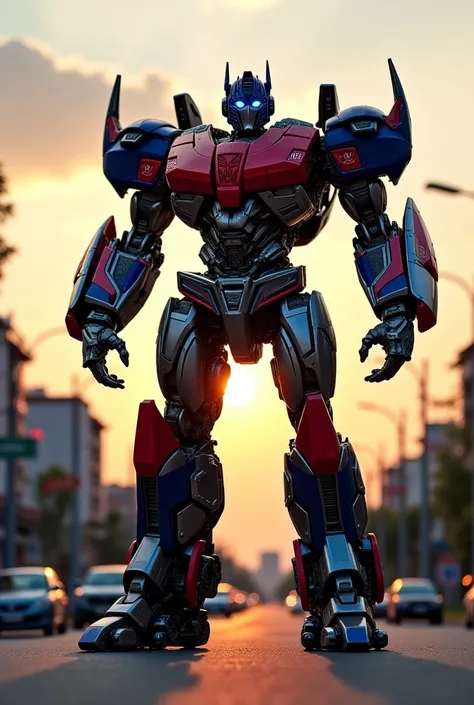 A cinematic, highly detailed robot Transformer emerging from a tank painted with the Indonesian flags red and white motif. The transformation scene shows mechanical parts shifting with precision, revealing a powerful humanoid robot. The robot stands tall o...