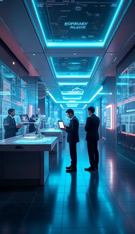 Men doing international payment in a Hi-Tech Bank, neon glowing effect 