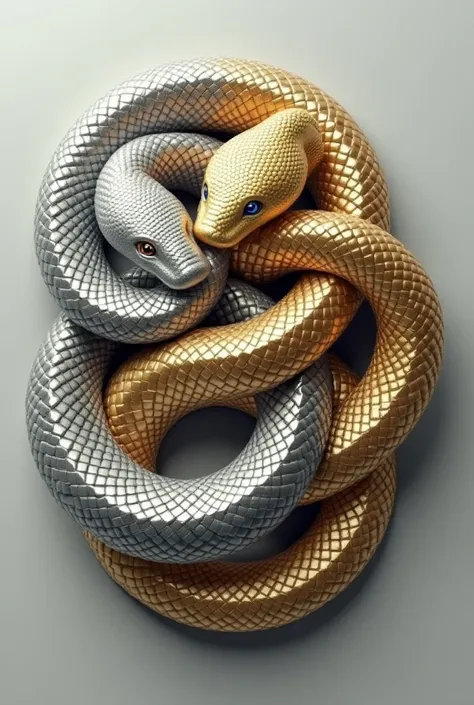 Silver snake shaped like a sleeping figure eight, gold snake shaped like a sleeping figure eight