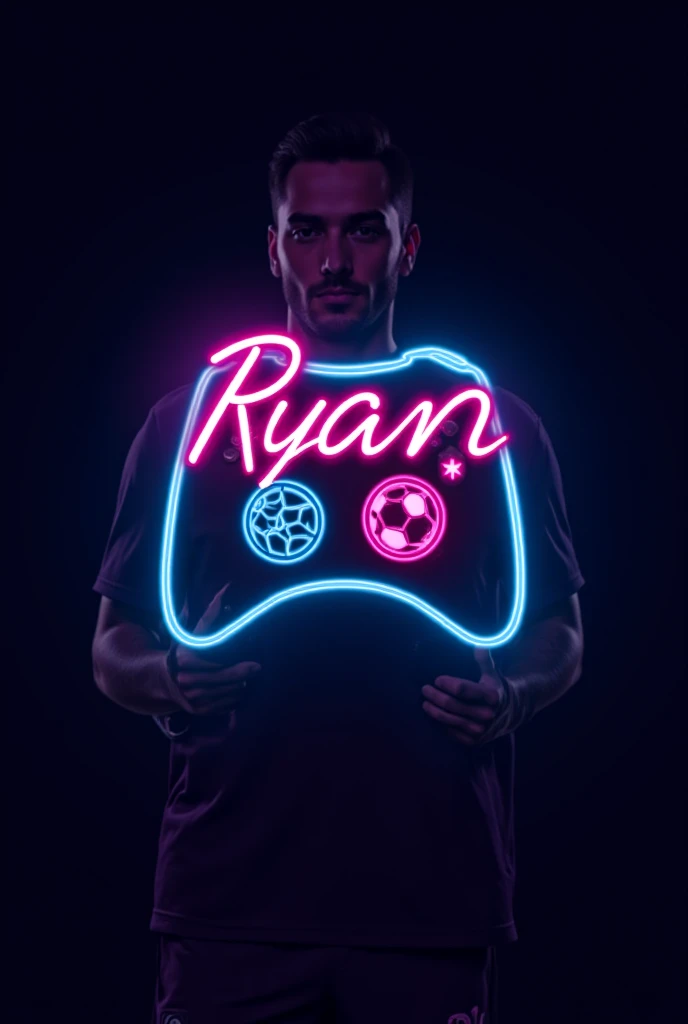 A neon logo written Ryan and features a flash ray that goes through the logo, which is a gaming controller with a FIFA theme. Theres a soccer ball. The background is dark with a shadow of a video game player.