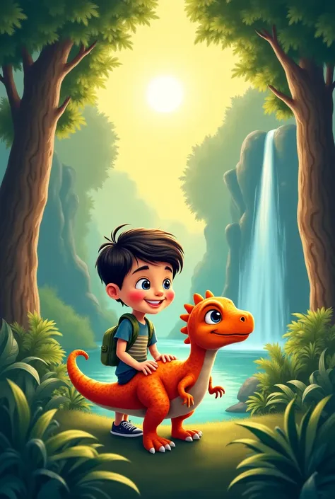  Book cover for a boy .  With a super cute dinosaur set against the background of a forest with a waterfall, The Sun and Several Clouds .