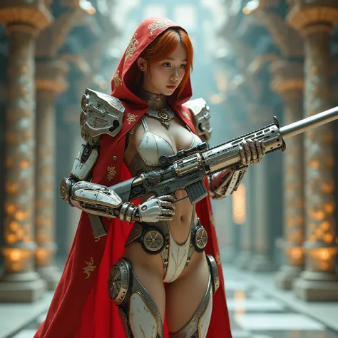 (best quality), future, (1 girl,korea face sexy  girl , pale skin, (body heigth:140cm), innocent look, Young face,long hair ,NFSW, solo, miko motif exoskeleton suit, led, gas mask, holding blade, machinery, digital engraving, ultra highres, absurdres, deep...