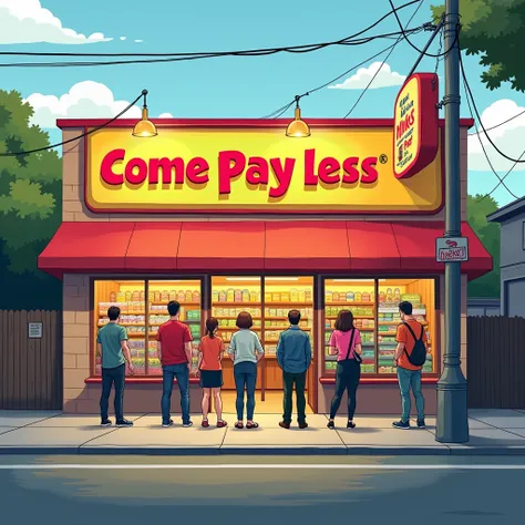  a small market with a bright façade with the name  "Come Pay Less "  located on a quiet neighborhood street ,  with a line of people happy to enter the store,  several promotion signs , very realistic image.