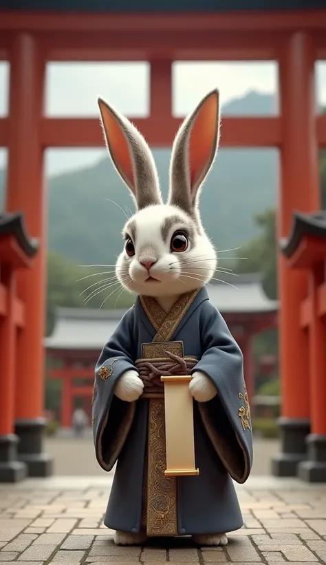  a rabbit with a slightly larger head and patchy white fur eyes。 and is wearing a costume for the priest of the shrine。A rabbit with an eboshi on its head 。He has a paper drop in his hand 。The background is in front of the torii gate of a shrine。 super rea...