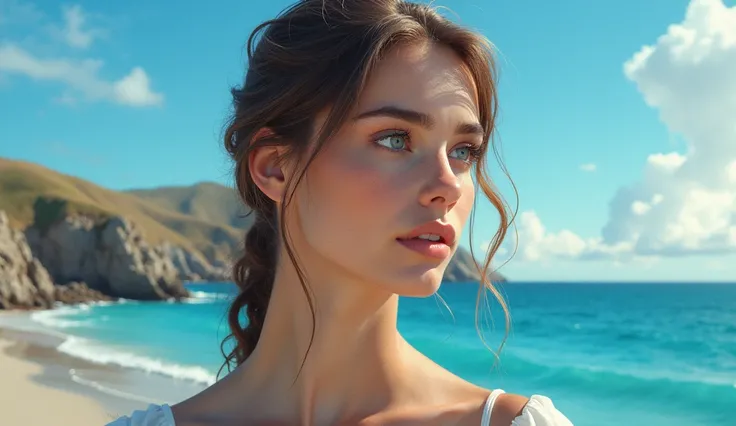 A beautiful woman with Ukrainian features sea landscape in the background 