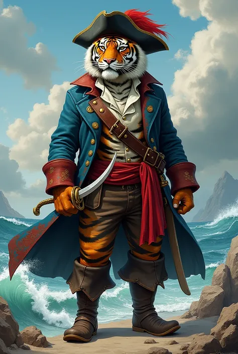 A humanoid tiger dressed as a pirate in the style of Yack Parrow