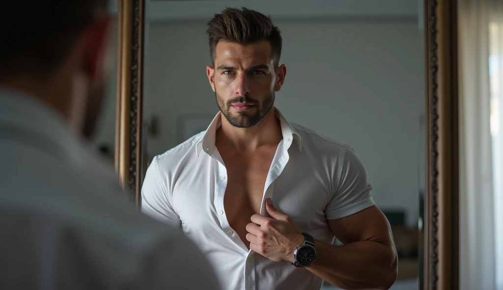 "Stoic strong-looking man , in front of a mirror, adjusting a well-aligned monochrome shirt,  with an expression of determination on his face . In the background,  a minimalist and organized environment ."