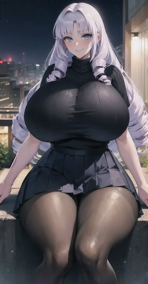 Fujido Oriko, woman, tall, (Huge breasts:1.5), (thick thigh:1.3), (gigantic huge hip), light purple hair, long hair, drill hair, (Narrow waist:1.3), Long legs, blue Eyes, (standing in the city), (night), (black sweater:1.4), ((Pleated skirt, mini skirt, pa...