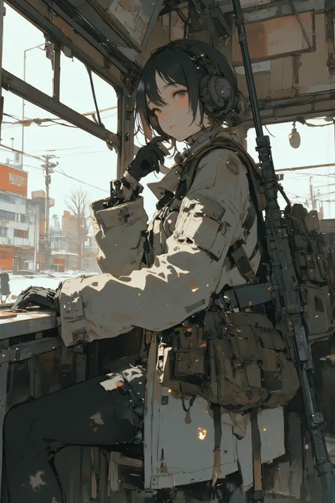  she is wearing headphones {x} looking out the window with a gun {x} a woman in a winter coat,  riding a bus ,With headphones,  with a mosin on her back , Sniper!  a gun on her shoulder ,  she carries a pistol , Extremely accurate photo , With a rifle, Ver...