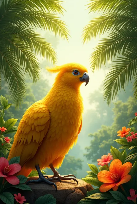 Palm trees, flowers, a big yellow bird 