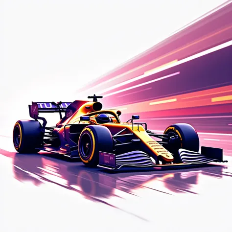 An artistic illustration of a modern F1 car, depicted in a bold and vibrant style, set against a clean and minimalist background. The car should have sleek aerodynamic curves, detailed with highlights and reflections, similar to glossy paint. Use a purple ...